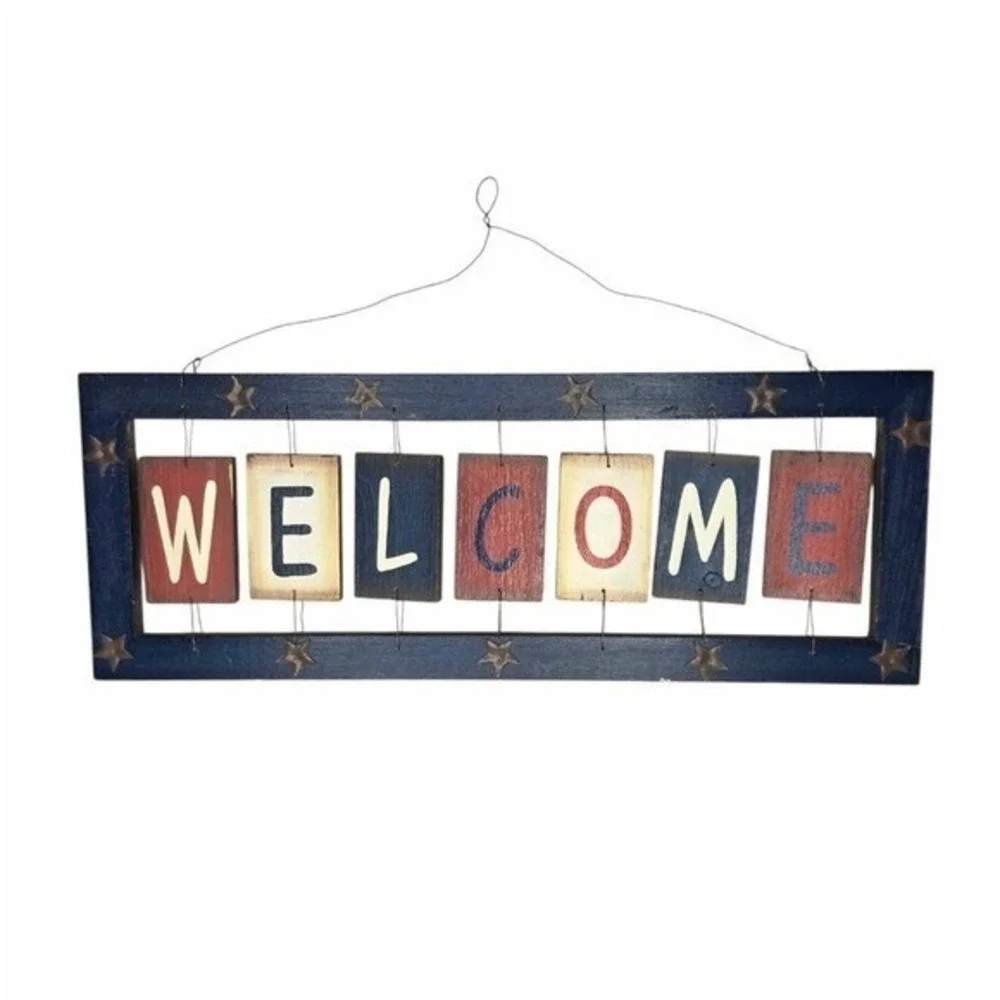 Rustic Americana Wood Welcome Sign Patriotic Red White Blue Star Wall Decor 20in